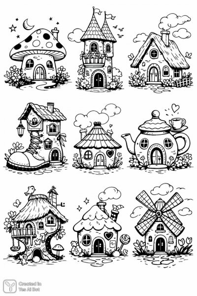 Сказчные домики в минималистичном стиле ручной графики. Генерация из нейронной сети Sora Image