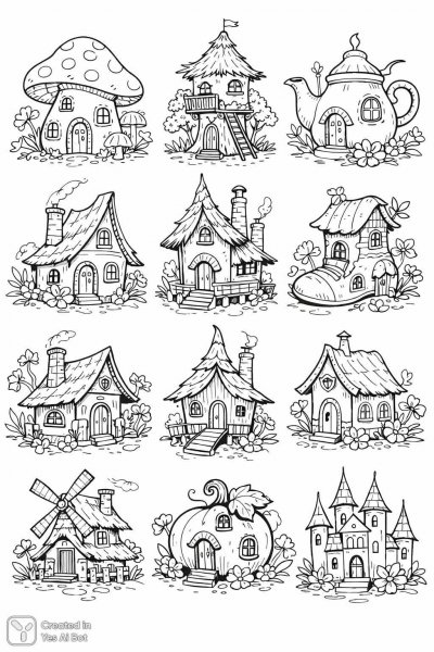 Волшебные домики из сказок: раскраска для детей в стиле мультфильма. Нейросеть Sora Images