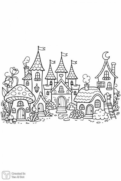 Сказка в черных линиях: уютные домики и декоративные растения. Изображение из нейронной сети Sora