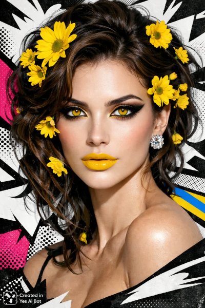 Лицо в цветах: поп-арт и золотые глаза на контрастном фоне. Нейронная сеть Sora Ai Images