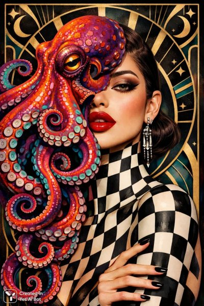 Очаровательная женщина в стиле ар-деко и мистический осьминог. Генерация из нейросети Sora Ai Images