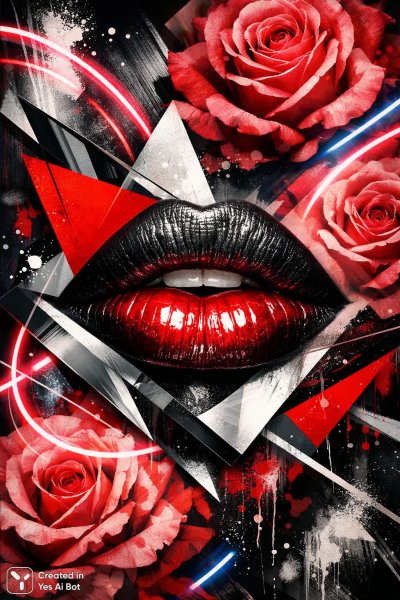 Изысканный контраст: геометрия, розы и яркие губы. Изображение из нейронной сети Sora Images