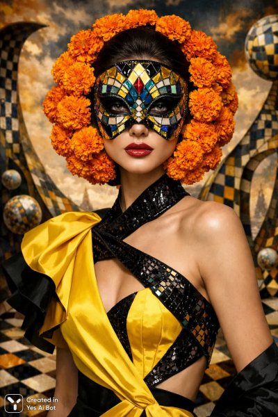 Загадочная красота: желтое кружево в мире сюрреализма и оранжевых цветов. Картинка из нейронной сети Sora Images