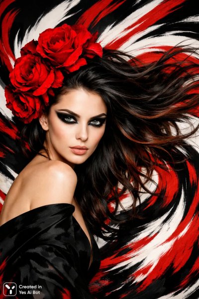 Яркая женщина с алой головной деталью и эффектным макияжем в динамичном стиле. Картинка из нейронной сети Sora images Ai