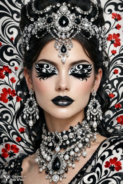 Эфирная женщина в роскошном образе: черно-белая симфония и алые акценты. Изображение из нейронной сети Sora images Ai