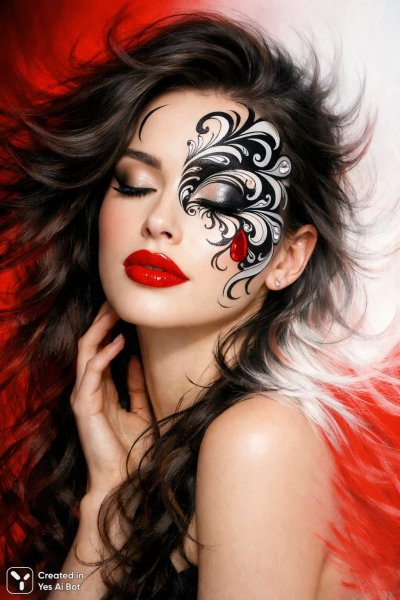 Загадочная красота: женщина в вихре черно-белых узоров и алого акцента. Нейросеть Sora images Ai