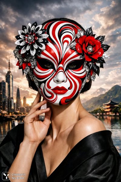 Маска с городским пейзажем и спокойным ландшафтом в деталях. Нейронная сеть Sora