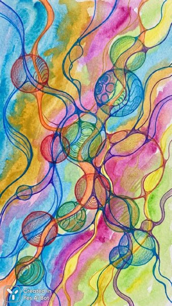 Нейрографика в ярких тонах: абстрактные линии и цветные круги в высоком разрешении. Изображение из нейронной сети NanoBanana