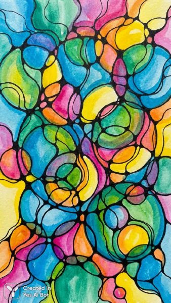 Нейрографика: яркие круги и плавные линии в абстрактном рисунке. Картинка из нейронной сети Nano Banana