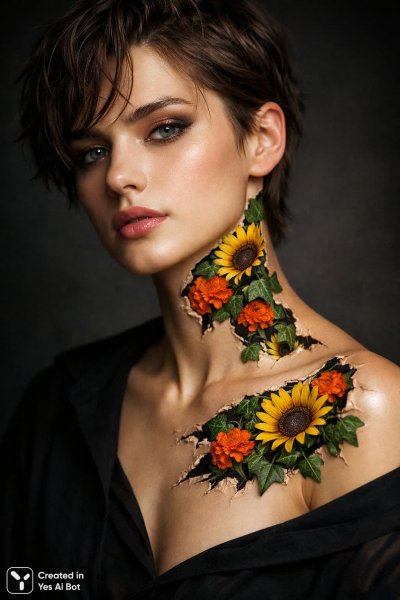 Нежная красота: цветы сквозь кожу в фотопортрете. Нейросеть Sora