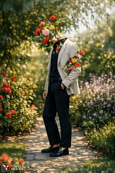 Прозрачный мужчина в цветущем саду: сюрреалистичная фотосессия с Canon EOS R5 и Sigma Art 35mm. Нейронная сеть Sora images Ai