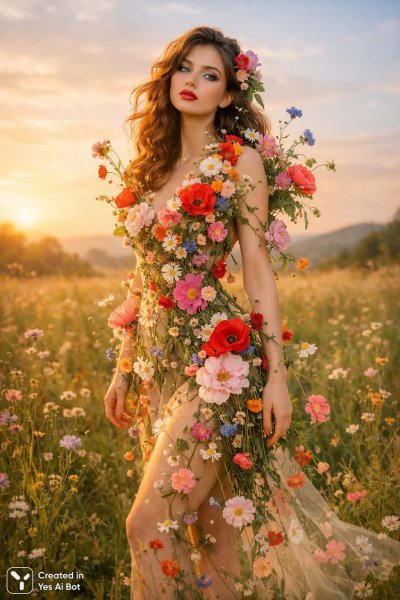 Нежная красота: женщина в цветущем лугово-золотом пейзаже. Картинка из нейросети Sora