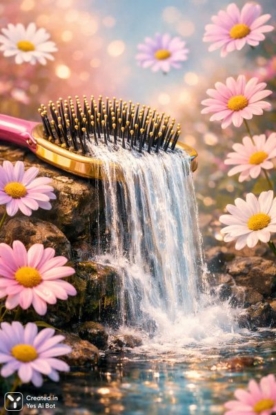 Мечтательный пейзаж: расческа как водопад среди цветов. Генерация из нейронной сети Sora