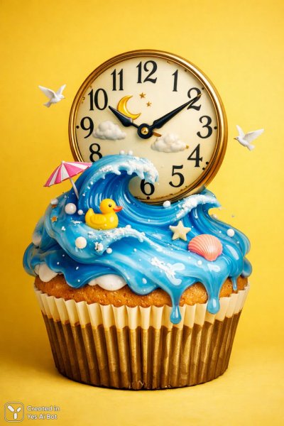 Невероятный торт с часами и волной глазури на желтом фоне. Нейросеть Sora Image