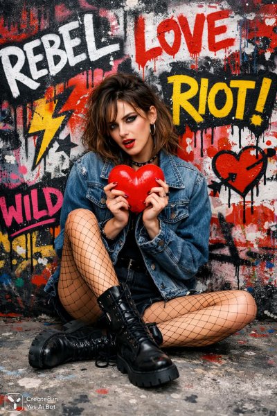 Девушка с сердцем на фоне граффити: дерзкий городской портрет. Изображение из нейросети Sora Image