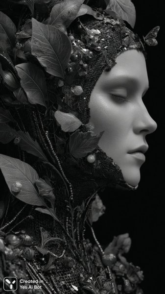 Изысканное лицо с татуировками и сюрреалистичными цветами на фоне минимализма. Генерация из нейронной сети Миджорни