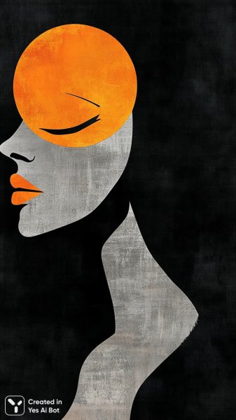 Женский портрет в сюрреалистичном стиле с оранжевым цветком и желтыми полосами на сером фоне. Картинка из нейросети Midjourney