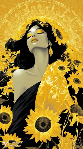 Элегантный портрет дамы в стиле ар-деко с подсолнухами и золотом. Изображение из нейронной сети Миджорни