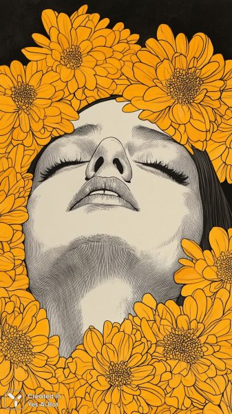 Лицо в цветах: поп-арт и изящные чернила на ярком фоне. Генерация из нейросети Midjourney