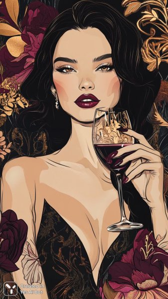 Роскошный портрет с вином и золотыми акцентами. Генерация из нейронной сети Midjourney