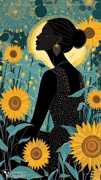 Чёрное кружево и подсолнухи: яркий портрет в технике инкворта. Картинка из нейросети Миджорни