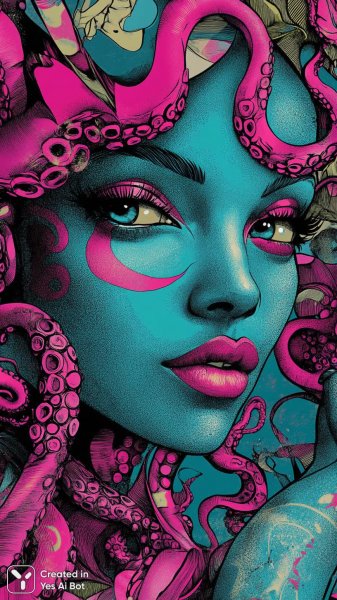 Яркий портрет женщины с тату осьминога и неоновыми завитушками в стиле иллюстрации. Генерация из нейронной сети Миджорни
