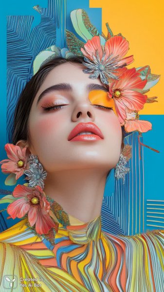 Яркий портрет женщины в стиле поп-арт с цветочными серьгами и металлическими деталями. Нейросеть Миджорни