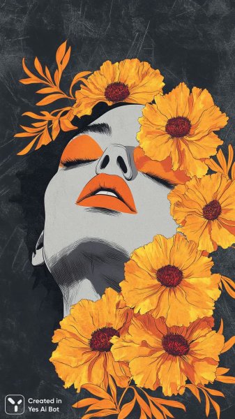 Лицо среди цветов: яркий рисунок чернилами и графикой. Изображение из нейросети Midjourney