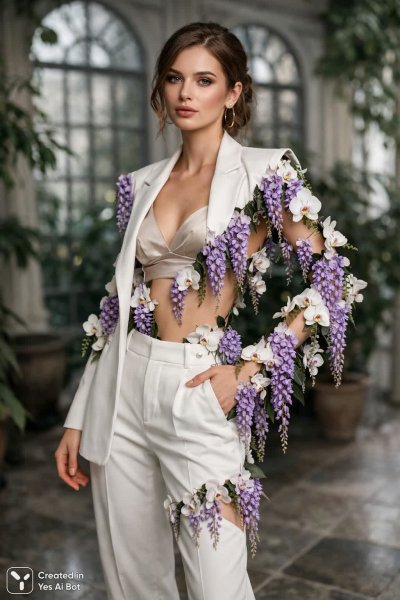 Загадочный сад: человек и цветущие лианы в студийном пространстве. Картинка из нейронной сети Sora Images