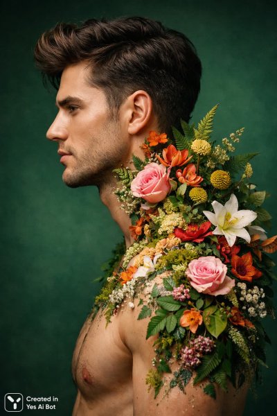 Мужчина и сад: фотореалистичный портрет в студийном освещении. Картинка из нейросети Sora Ai Images