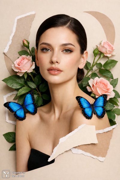 Женщина и бабочки: нежный портрет в стиле современной коллажной живописи с мягкими тенями. Генерация из нейронной сети Sora Image