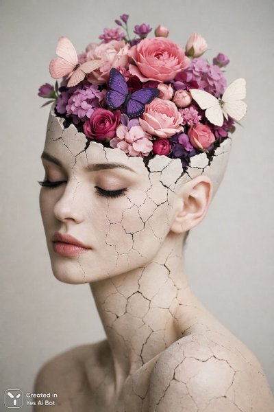Нежная красота: портрет с цветами и бабочками в минималистичном стиле. Нейросеть Sora Images