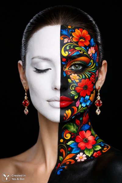 Загадочный двойник: встреча с сюрреалистичным портретом женщины в цветочном безумии. Картинка из нейронной сети Sora Ai Images