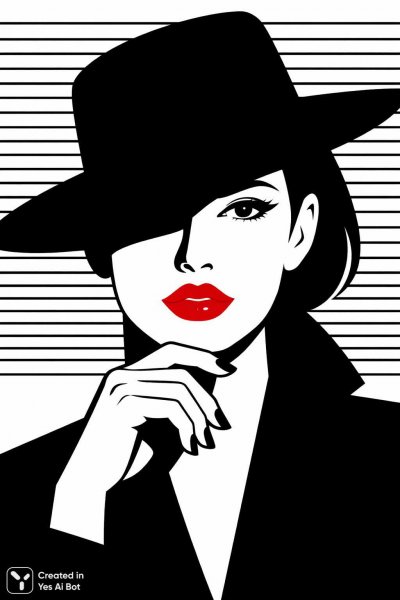 Женское лицо в минималистичном стиле с акцентом на красной помаде и черном головном уборе. Картинка из нейросети Sora