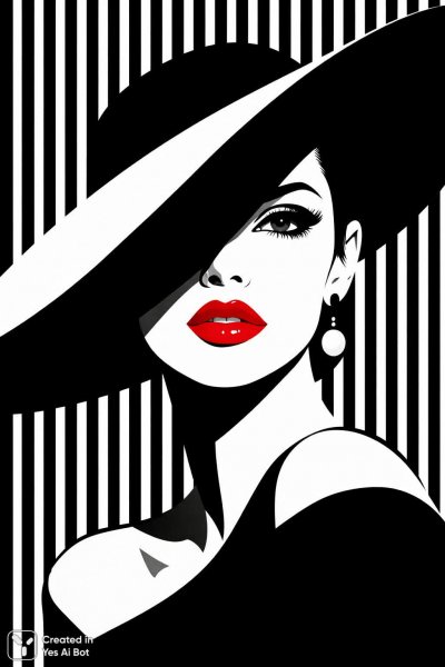 Черно-белый портрет с алой помадой и шляпой. Генерация из нейронной сети Sora Images