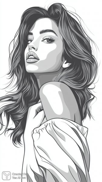 Загадочная красотка в черно-белом эскизе с соблазнительным взглядом и длинными волосами. Нейросеть Миджорни