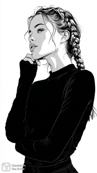 Элегантность и уверенность в черно-белом минимализме: портрет девушки с косой. Нейронная сеть Midjourney