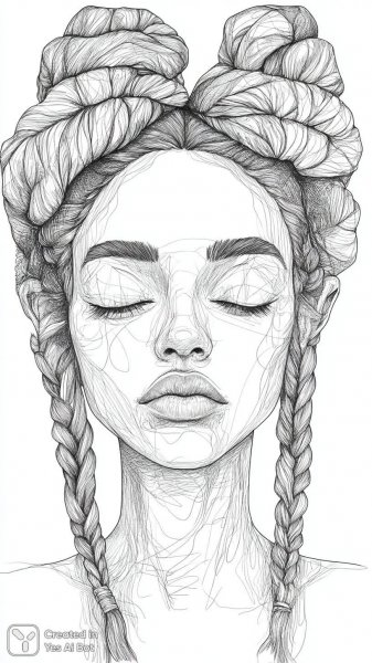 Спокойная красота: черно-белый портрет девушки с косами и улыбкой. Нейросеть Midjourney