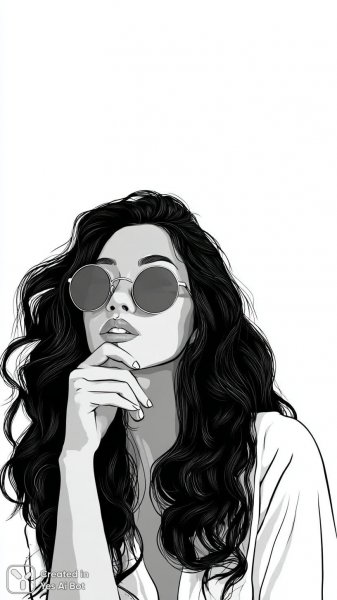 Задумчивая дама в стильных солнцезащитных очках монохромный эскиз. Изображение из нейронной сети Midjourney