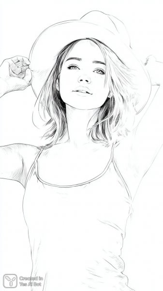 Девушка с широкополой шляпой: легкий эскиз в черно-белых тонах. Картинка из нейросети Миджорни