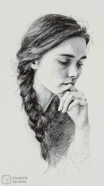 Задумчивая девушка в графическом стиле: смелый эскиз с геометрическим узором и длинной косой. Изображение из нейронной сети Midjourney