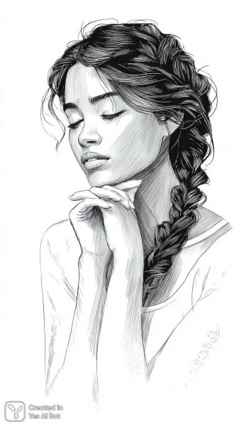 Спокойствие и раздумья: черно-белый набросок женского лица в минималистичном стиле. Картинка из нейросети Midjourney