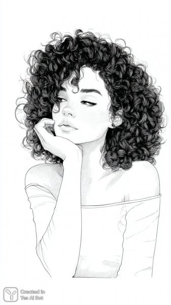 Черно-белый набросок задумчивой девушки с кудрявыми волосами и спокойным взглядом. Изображение из нейронной сети Midjourney