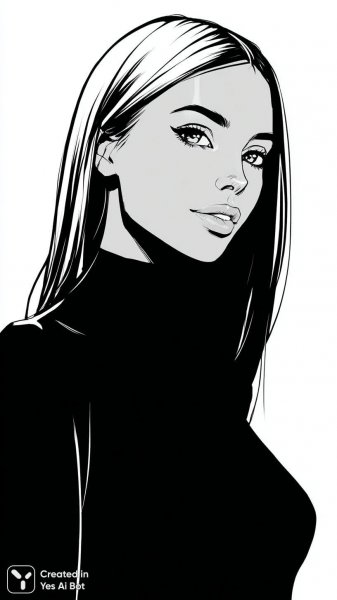 Взгляд в бесконечность: монохромный портрет уверенной женщины с прямой линией волос. Нейросеть Миджорни