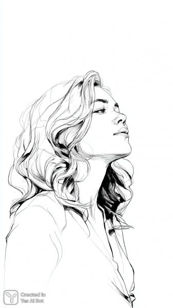 Элегантная женщина в задумчивости: минималистичный черно-белый рисунок с плавными линиями и волнистыми волосами. Картинка из нейросети Миджорни