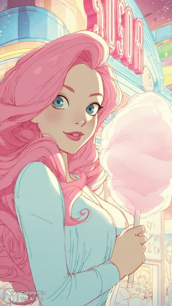 Яркая девушка в стиле аниме с воздушной ватой в ретро-кафе под неоновым светом. Картинка из нейросети Миджорни