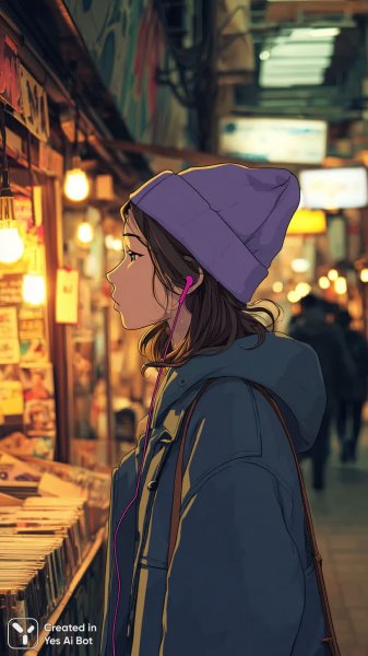 Девушка аниме на оживленном рынке с фиолетовой шапкой и наушниками. Изображение из нейронной сети Midjourney
