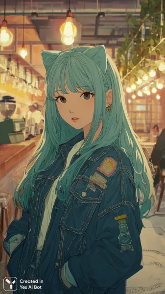 Девочка-аниме в джинсовке с кошачьими ушками среди городского кафе с мягким светом. Нейронная сеть Midjourney