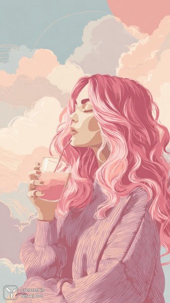 Яркая девушка-аниме с розовыми волосами и уютной атмосферой. Картинка из нейронной сети Midjourney