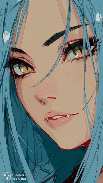 Загадочная вампирша с голубыми волосами и яркими глазами. Картинка из нейронной сети Миджорни